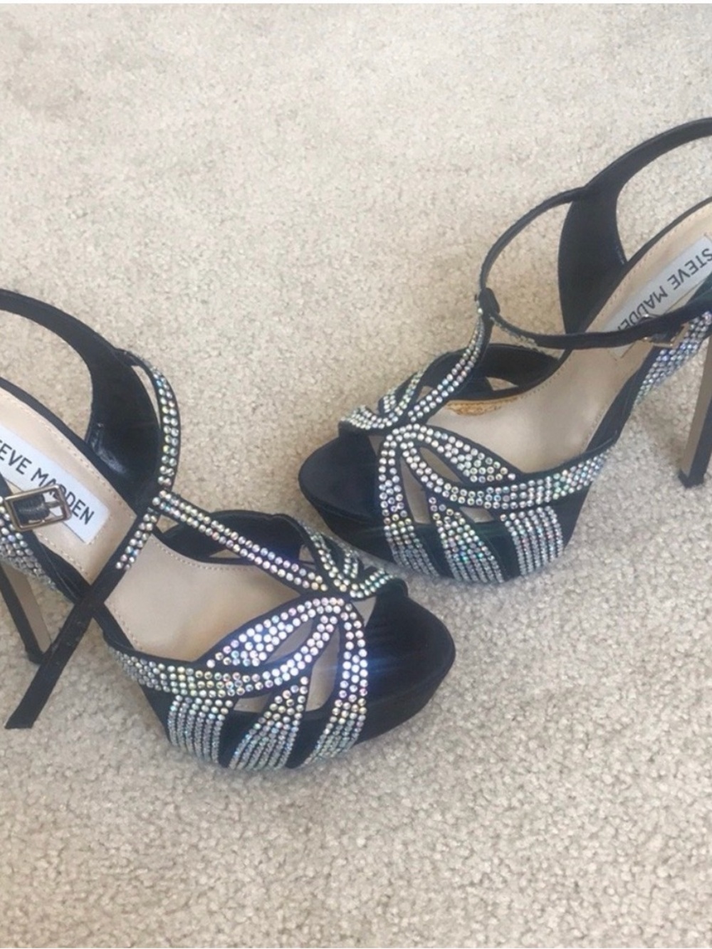 Steve Madden Black Crystal-Embellished Strappy Platform Heels